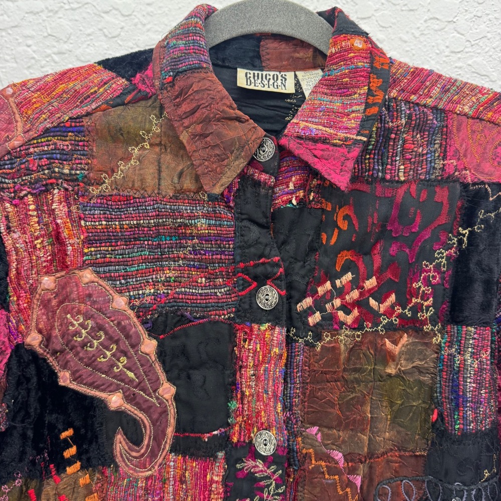 Chico's Design Patchwork Silk Blend Jacket‎ Paisley Boho Artsy Vintage Size 0